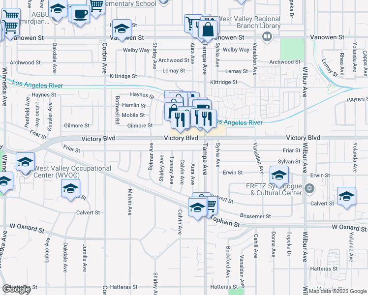 map of restaurants, bars, coffee shops, grocery stores, and more near 19349 Friar Street in Los Angeles