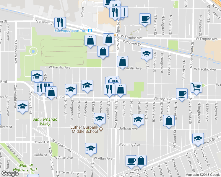 map of restaurants, bars, coffee shops, grocery stores, and more near 2028 North Pepper Street in Burbank