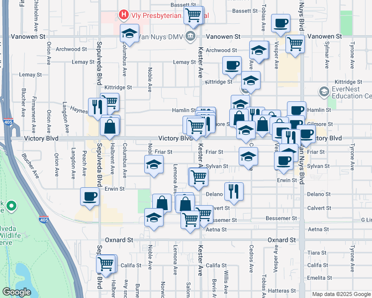map of restaurants, bars, coffee shops, grocery stores, and more near 14937 Friar Street in Los Angeles