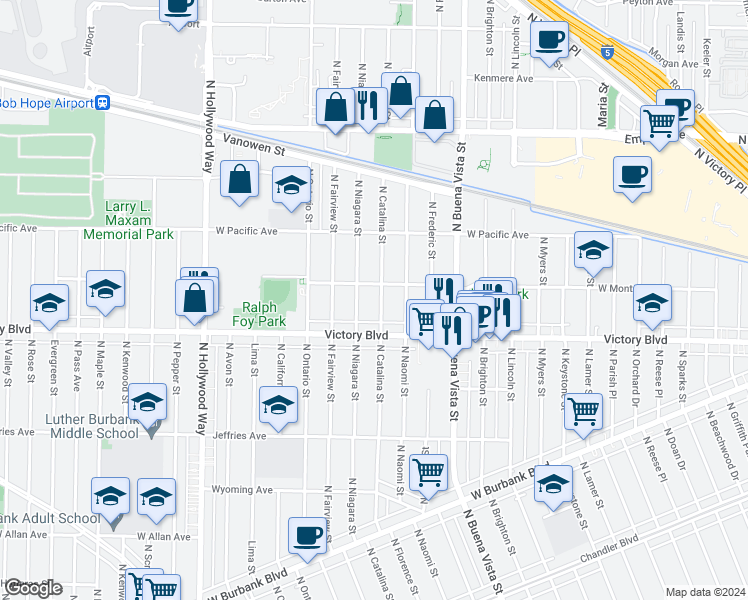 map of restaurants, bars, coffee shops, grocery stores, and more near 1635 North Catalina Street in Burbank
