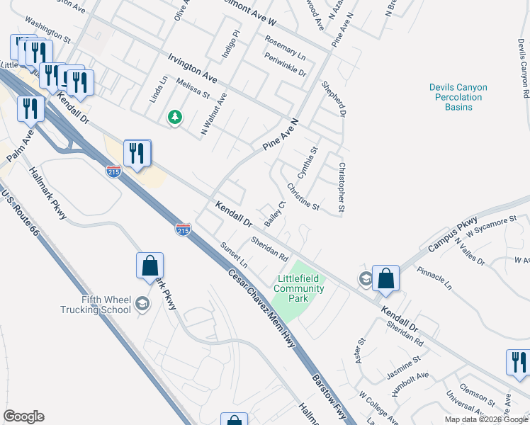 map of restaurants, bars, coffee shops, grocery stores, and more near 2660 Twain Avenue in San Bernardino