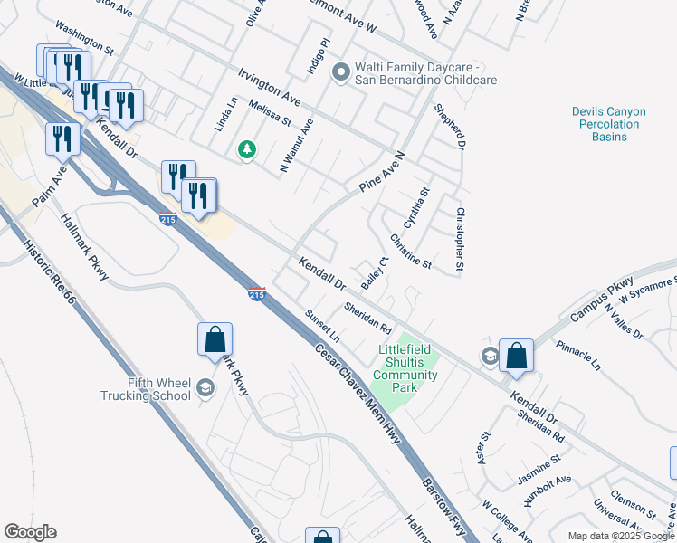 map of restaurants, bars, coffee shops, grocery stores, and more near 2654 White Pine Avenue in San Bernardino