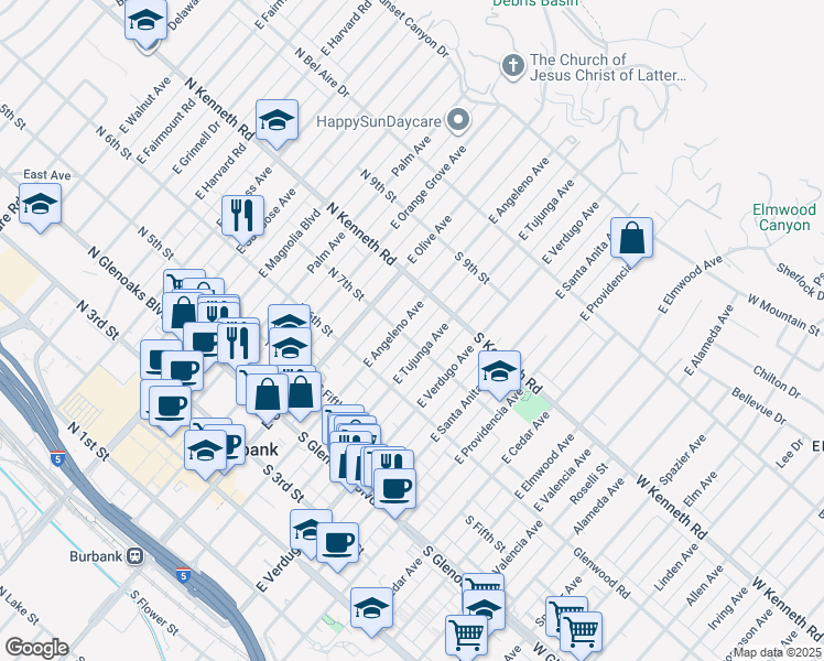 map of restaurants, bars, coffee shops, grocery stores, and more near 726 East Angeleno Avenue in Burbank
