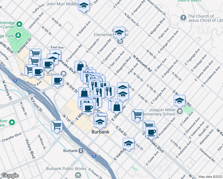 map of restaurants, bars, coffee shops, grocery stores, and more near 476 East Magnolia Boulevard in Burbank