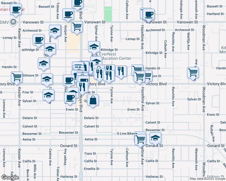 map of restaurants, bars, coffee shops, grocery stores, and more near in Los Angeles