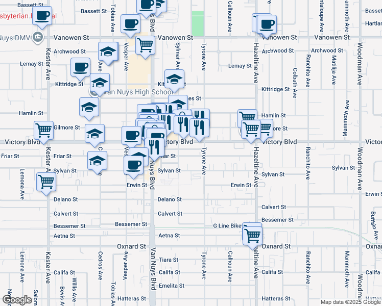 map of restaurants, bars, coffee shops, grocery stores, and more near 14350 Victory Boulevard in Los Angeles