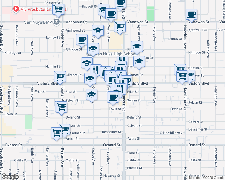 map of restaurants, bars, coffee shops, grocery stores, and more near 14550 Victory Boulevard in Los Angeles