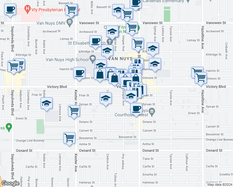 map of restaurants, bars, coffee shops, grocery stores, and more near 14628 Victory Boulevard in Los Angeles