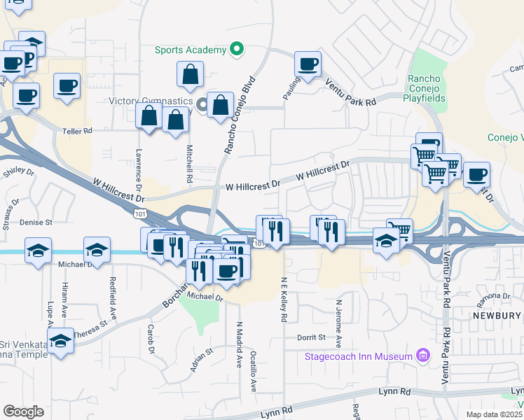 map of restaurants, bars, coffee shops, grocery stores, and more near 2092 West Hillcrest Drive in Thousand Oaks