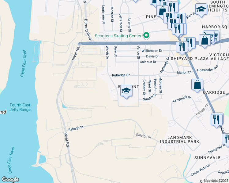 map of restaurants, bars, coffee shops, grocery stores, and more near 105-117 Dobbs Street in Wilmington