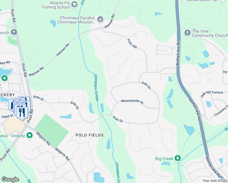 map of restaurants, bars, coffee shops, grocery stores, and more near 7015 Polo Drive in Cumming