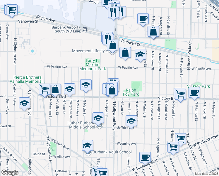 map of restaurants, bars, coffee shops, grocery stores, and more near 2028 North Pepper Street in Burbank