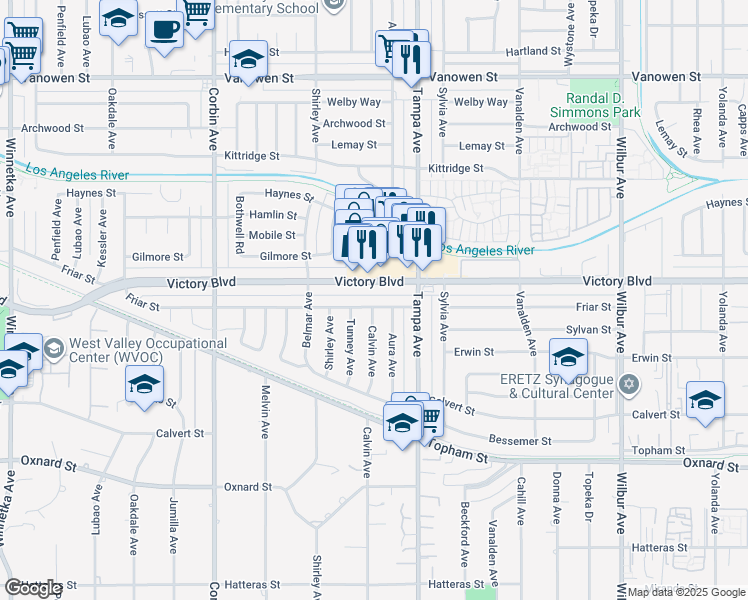 map of restaurants, bars, coffee shops, grocery stores, and more near 19349 Friar Street in Los Angeles