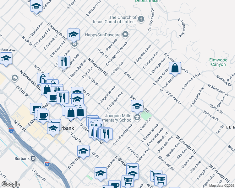 map of restaurants, bars, coffee shops, grocery stores, and more near in Burbank