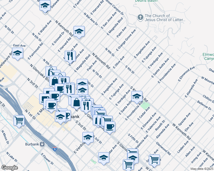 map of restaurants, bars, coffee shops, grocery stores, and more near 635 East Angeleno Avenue in Burbank