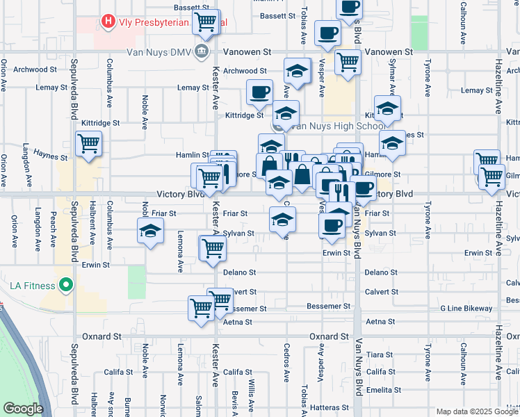 map of restaurants, bars, coffee shops, grocery stores, and more near 14747 Friar Street in Los Angeles