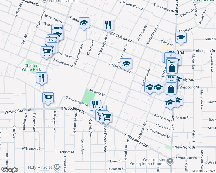 map of restaurants, bars, coffee shops, grocery stores, and more near 2347 Santa Anita Avenue in Altadena