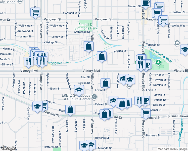 map of restaurants, bars, coffee shops, grocery stores, and more near 6340 Wilbur Avenue in Los Angeles