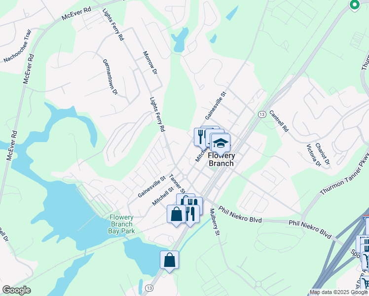 map of restaurants, bars, coffee shops, grocery stores, and more near 5812 Gainesville Street in Flowery Branch