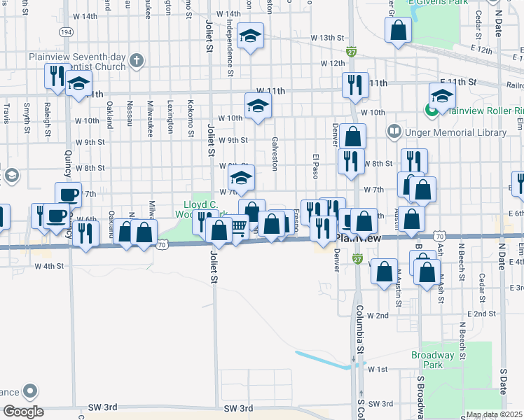 map of restaurants, bars, coffee shops, grocery stores, and more near 801 West 7th in Plainview