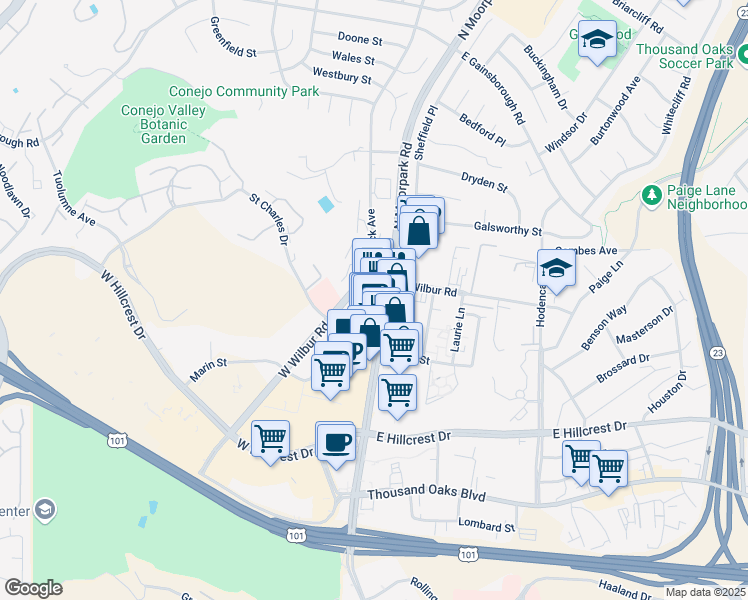 map of restaurants, bars, coffee shops, grocery stores, and more near 560 North Moorpark Road in Thousand Oaks