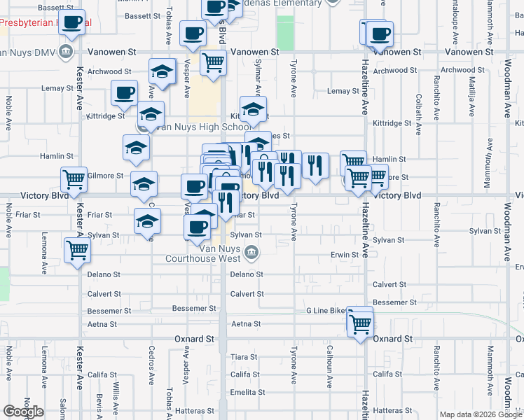 map of restaurants, bars, coffee shops, grocery stores, and more near 6364 Sylmar Avenue in Los Angeles