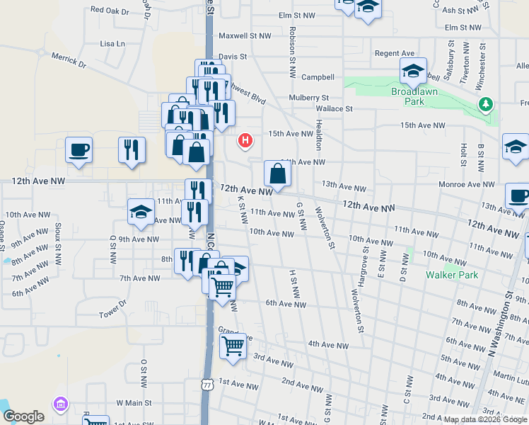 map of restaurants, bars, coffee shops, grocery stores, and more near 804 12th Ave NW in Ardmore
