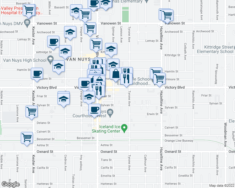 map of restaurants, bars, coffee shops, grocery stores, and more near 14349 Friar Street in Van Nuys