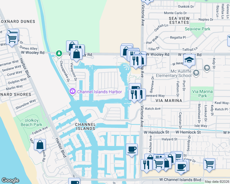 map of restaurants, bars, coffee shops, grocery stores, and more near 1517 Seabridge Lane in Oxnard