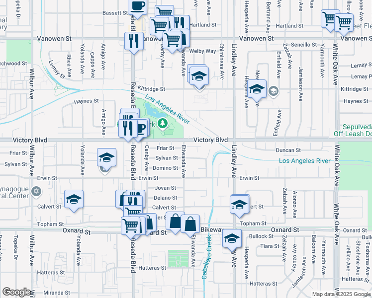 map of restaurants, bars, coffee shops, grocery stores, and more near 18256 Friar Street in Los Angeles