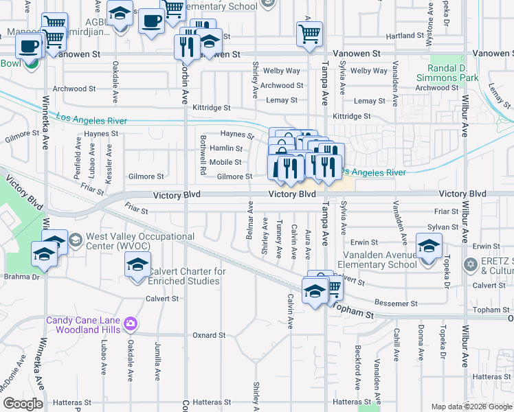 map of restaurants, bars, coffee shops, grocery stores, and more near 19465 Friar Street in Los Angeles