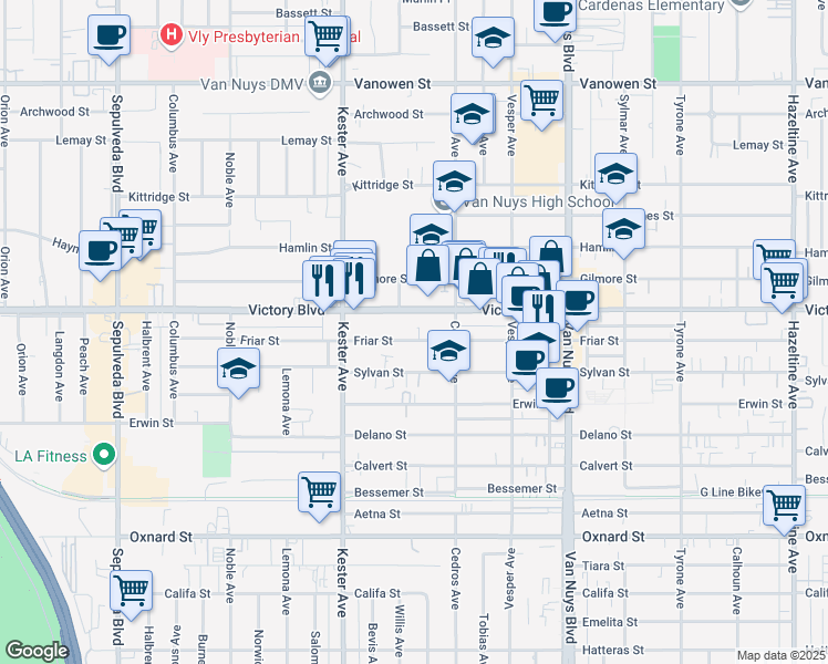 map of restaurants, bars, coffee shops, grocery stores, and more near 14747 Friar Street in Los Angeles