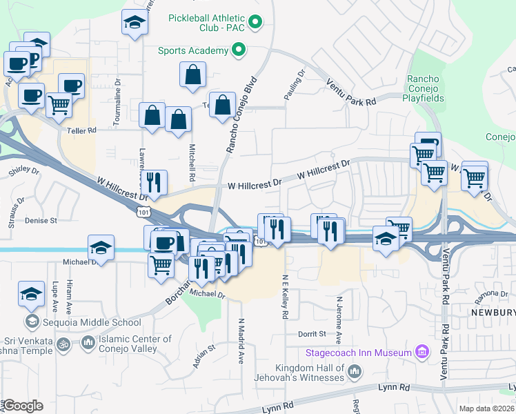 map of restaurants, bars, coffee shops, grocery stores, and more near 2088 West Hillcrest Drive in Thousand Oaks