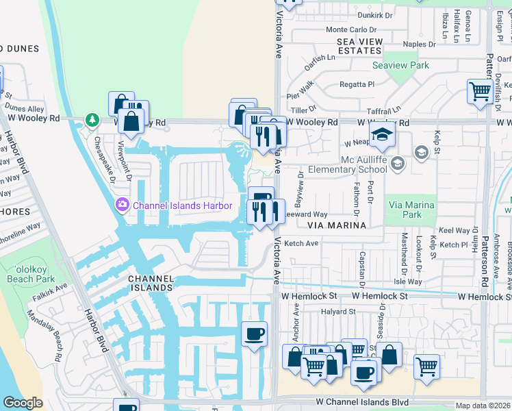 map of restaurants, bars, coffee shops, grocery stores, and more near 1547 Windshore Way in Oxnard