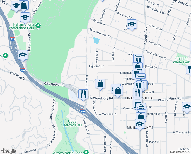 map of restaurants, bars, coffee shops, grocery stores, and more near 2345 El Sol Avenue in Altadena
