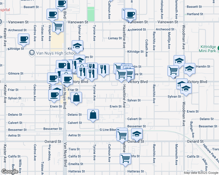 map of restaurants, bars, coffee shops, grocery stores, and more near 14142 Victory Boulevard in Los Angeles