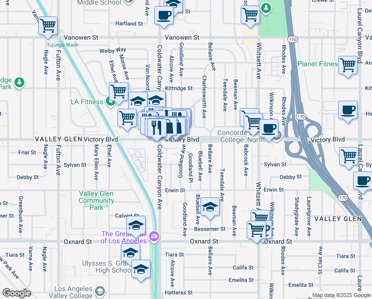 map of restaurants, bars, coffee shops, grocery stores, and more near 6346 Goodland Place in Los Angeles