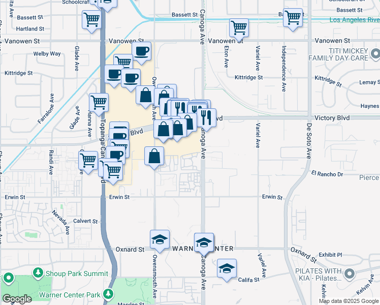 map of restaurants, bars, coffee shops, grocery stores, and more near 6333 Canoga Avenue in Los Angeles