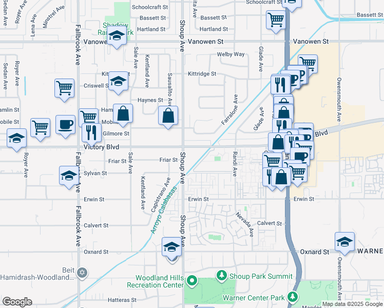 map of restaurants, bars, coffee shops, grocery stores, and more near 22330 Victory Boulevard in Los Angeles