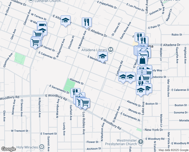 map of restaurants, bars, coffee shops, grocery stores, and more near 492 East Calaveras Street in Altadena
