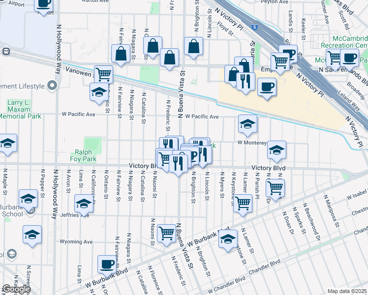 map of restaurants, bars, coffee shops, grocery stores, and more near 1636 North Buena Vista Street in Burbank