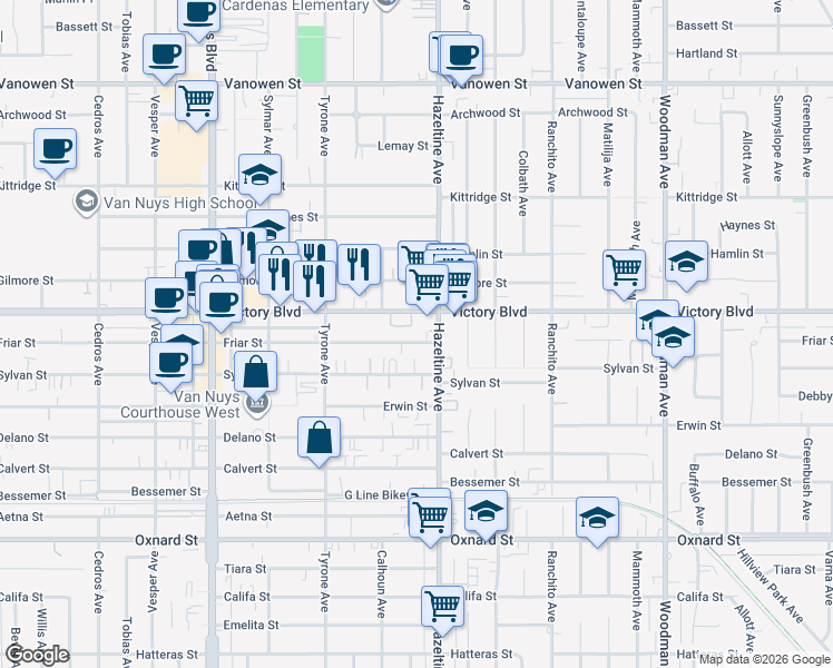 map of restaurants, bars, coffee shops, grocery stores, and more near 14142 Victory Boulevard in Los Angeles