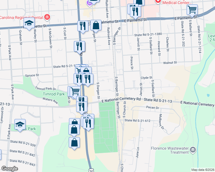 map of restaurants, bars, coffee shops, grocery stores, and more near 718 South Dargan Street in Florence