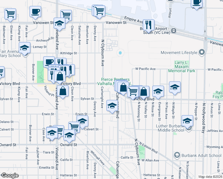 map of restaurants, bars, coffee shops, grocery stores, and more near 10621 Victory Boulevard in Los Angeles