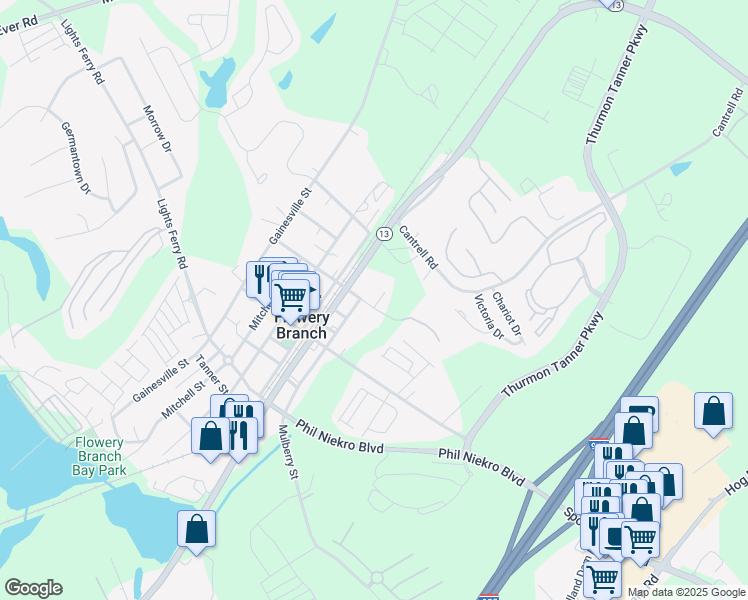 map of restaurants, bars, coffee shops, grocery stores, and more near 5107 Spring Street in Flowery Branch
