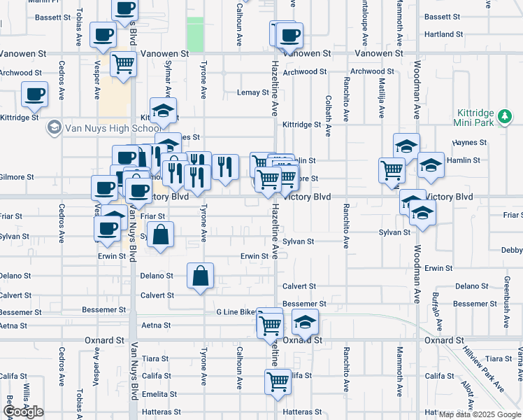 map of restaurants, bars, coffee shops, grocery stores, and more near 14142 Victory Boulevard in Los Angeles