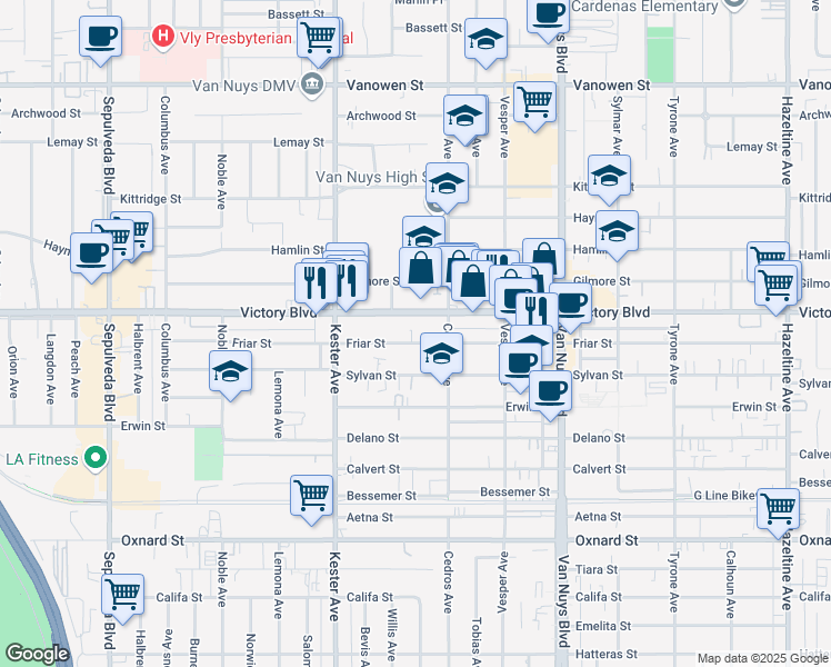 map of restaurants, bars, coffee shops, grocery stores, and more near 14735 Friar Street in Los Angeles