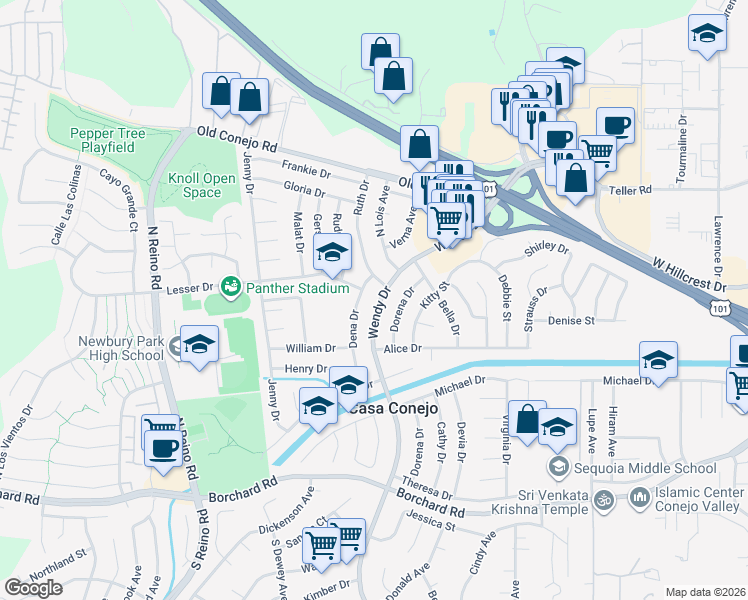 map of restaurants, bars, coffee shops, grocery stores, and more near 585 Wendy Drive in Casa Conejo