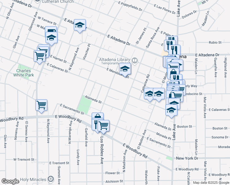 map of restaurants, bars, coffee shops, grocery stores, and more near 492 East Calaveras Street in Altadena