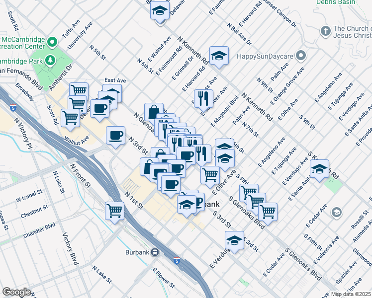 map of restaurants, bars, coffee shops, grocery stores, and more near 428 East San Jose Avenue in Burbank
